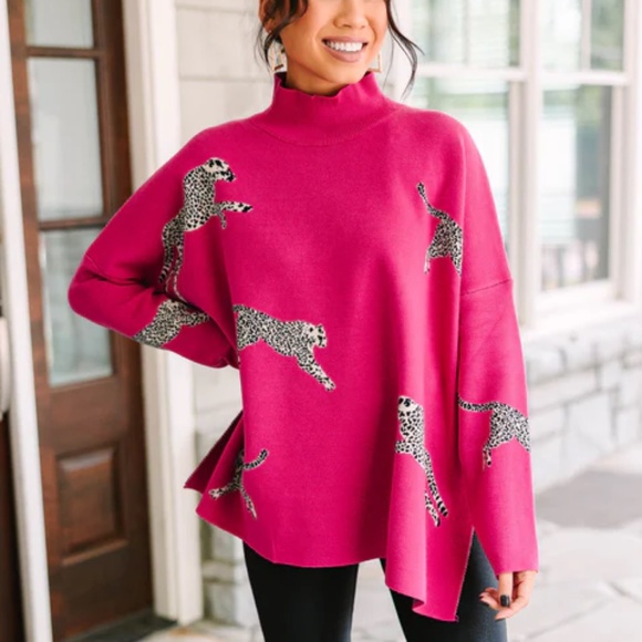 NWOT Entro Hot Pink Cheetah Leopard Oversized Tunic Style Sweater Size XL - Picture 3 of 6